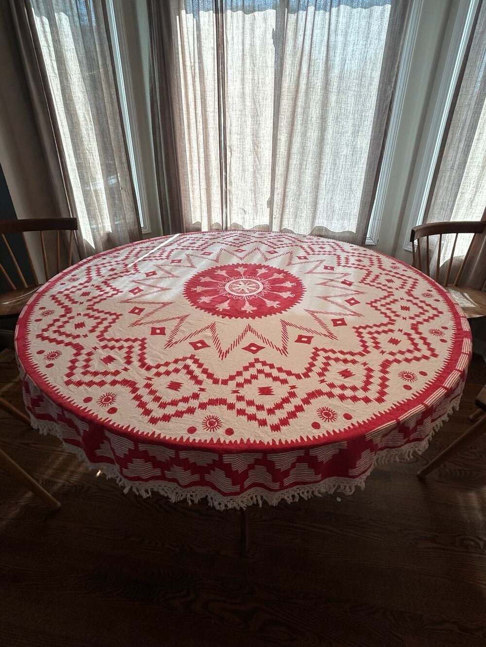 India Boutique Round Red and White Medallion Tablecloth with Fringe